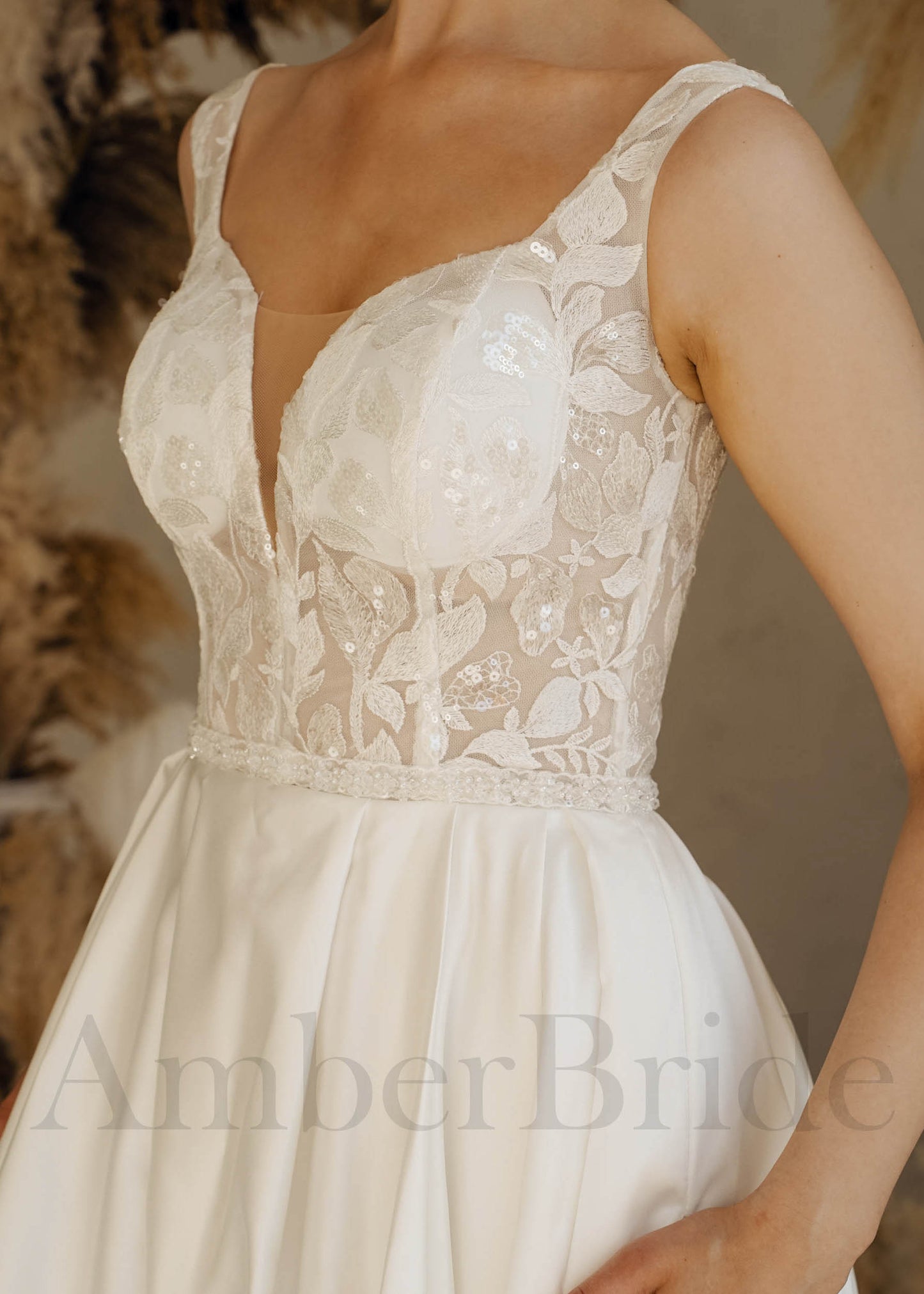 Rustic A Line Wedding dress with Lace Flowers and Satin Skirt