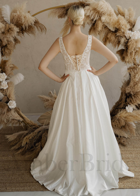 Rustic A Line Wedding dress with Lace Flowers and Satin Skirt