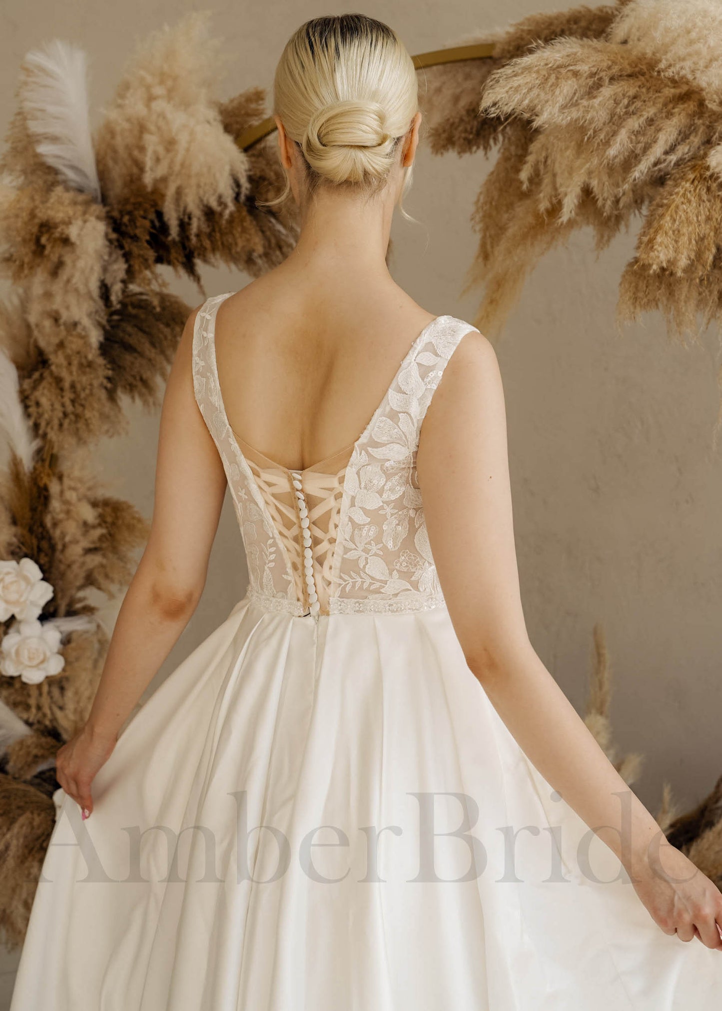 Rustic A Line Wedding dress with Lace Flowers and Satin Skirt