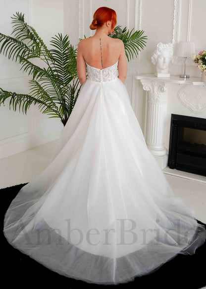 Strapless A Line Tulle Wedding Dress with Sweetheart Neckline and Low Back