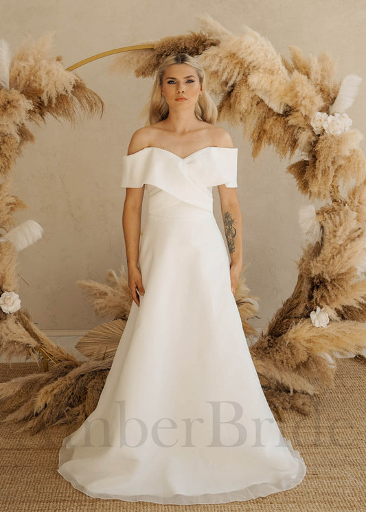 Simple A Line Off Shoulder Organza Wedding Dress with Detachable Train