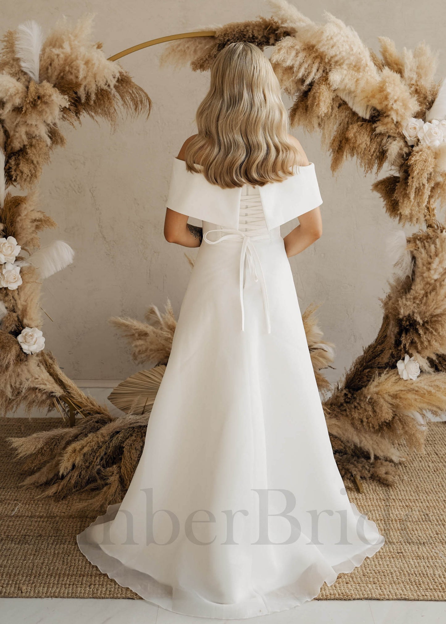 Simple A Line Off Shoulder Organza Wedding Dress with Detachable Train