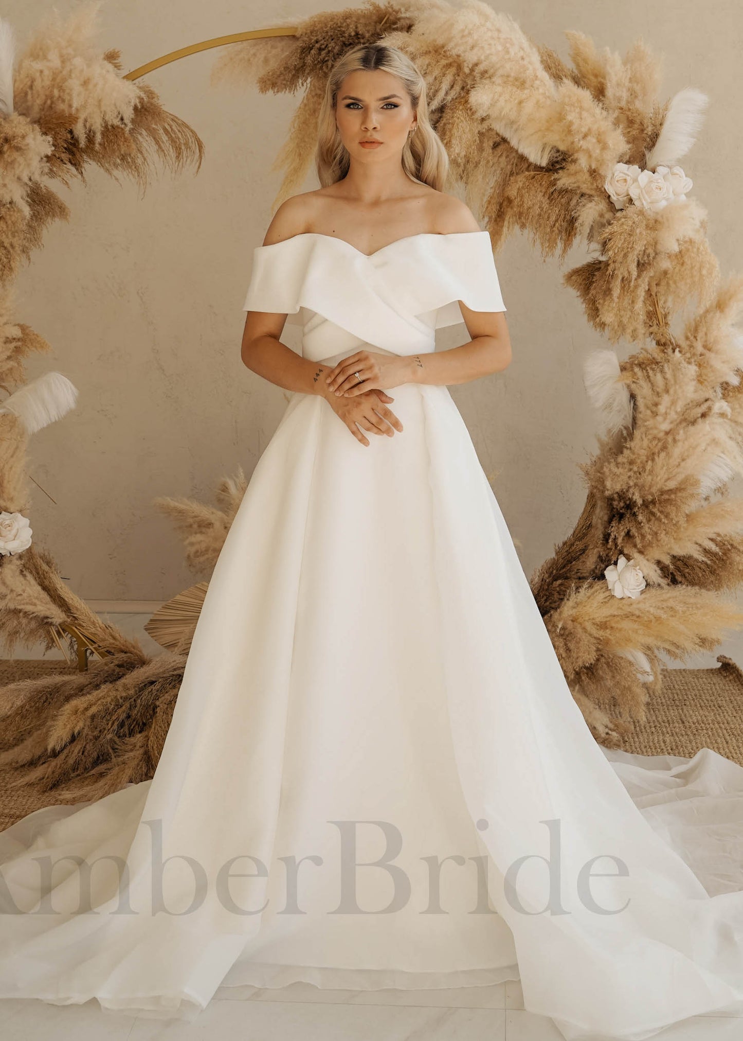 Simple Off-Shoulder Organza A-Line Wedding Dress with Train | AmberBride Simple Off-Shoulder Organza A-Line Wedding Dress with Train | AmberBride