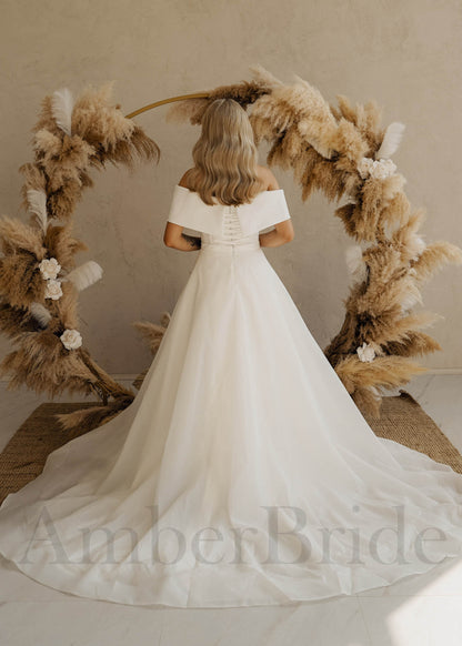 Simple A Line Off Shoulder Organza Wedding Dress with Detachable Train