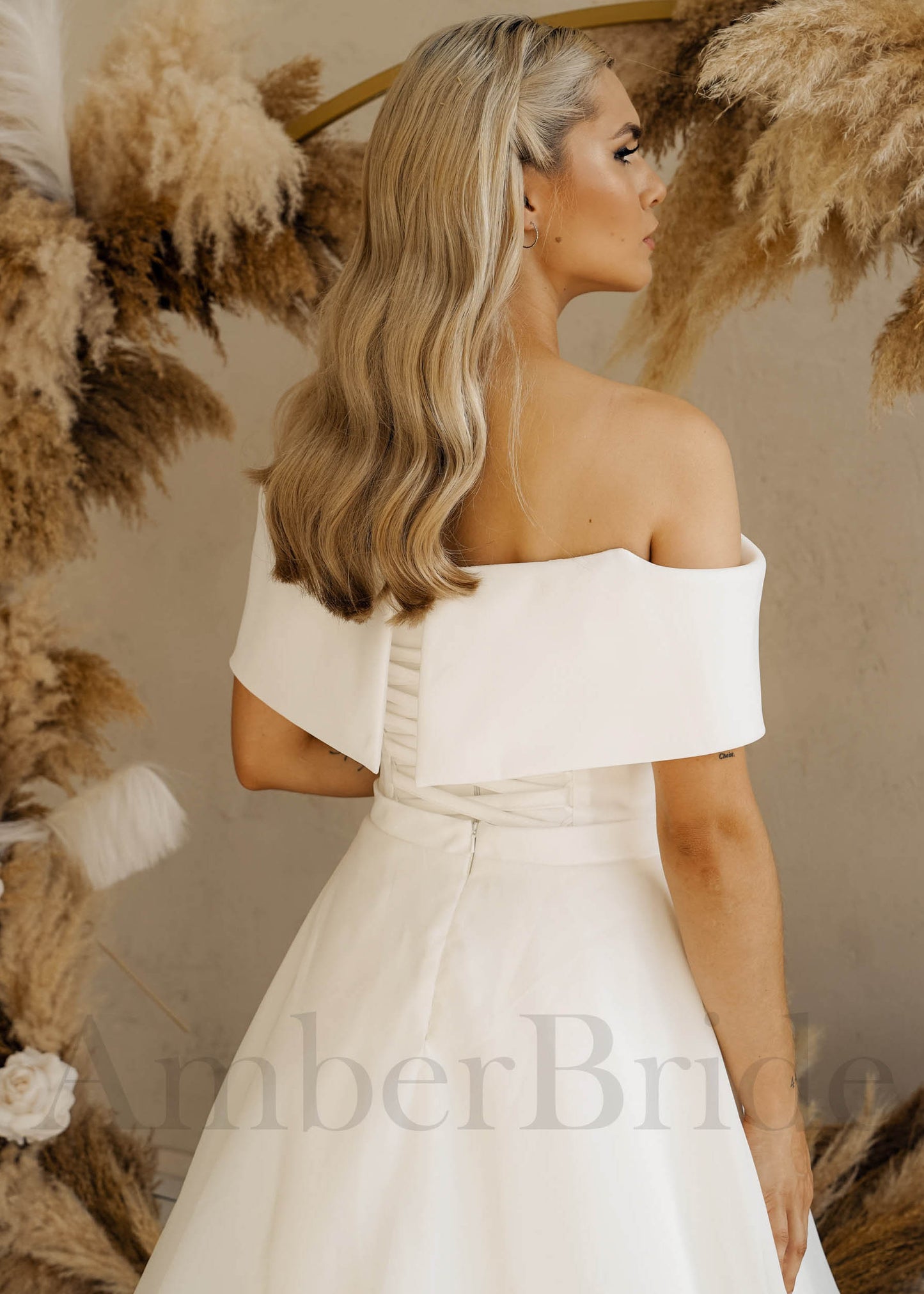 Simple A Line Off Shoulder Organza Wedding Dress with Detachable Train