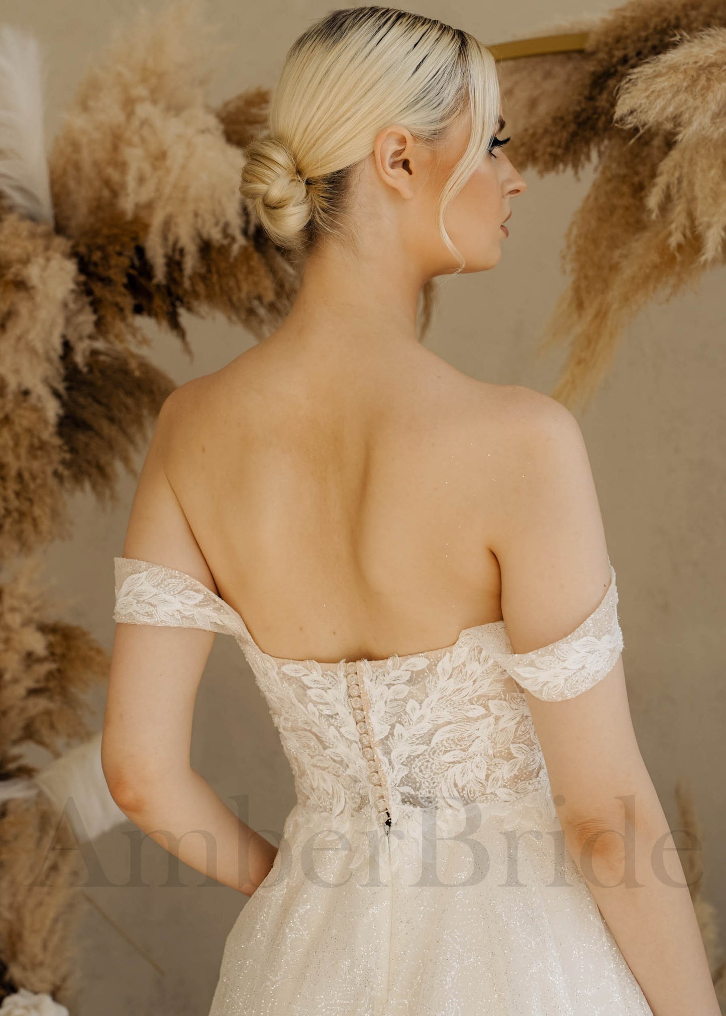 Rustic Off Shoulder Wedding dress with Lace Flowers and Backless Design