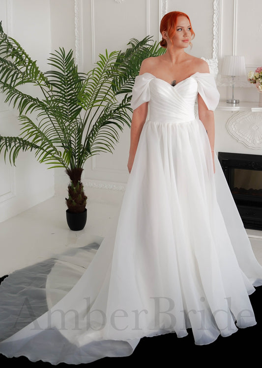 Classic A Line Organza Wedding Dress with Off Shoulder Design and Corset