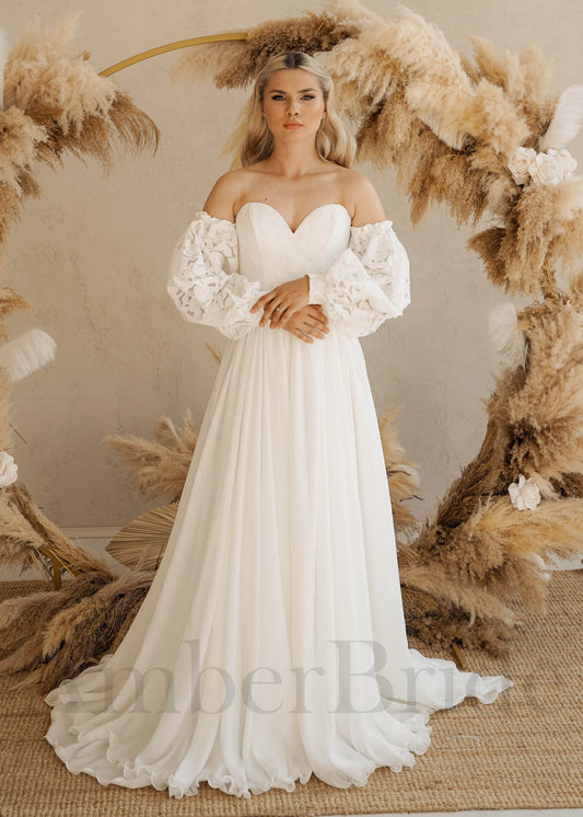 Rustic Chiffon Wedding Dress with Long Puffy Sleeves and Strapless Sweetheart Neck