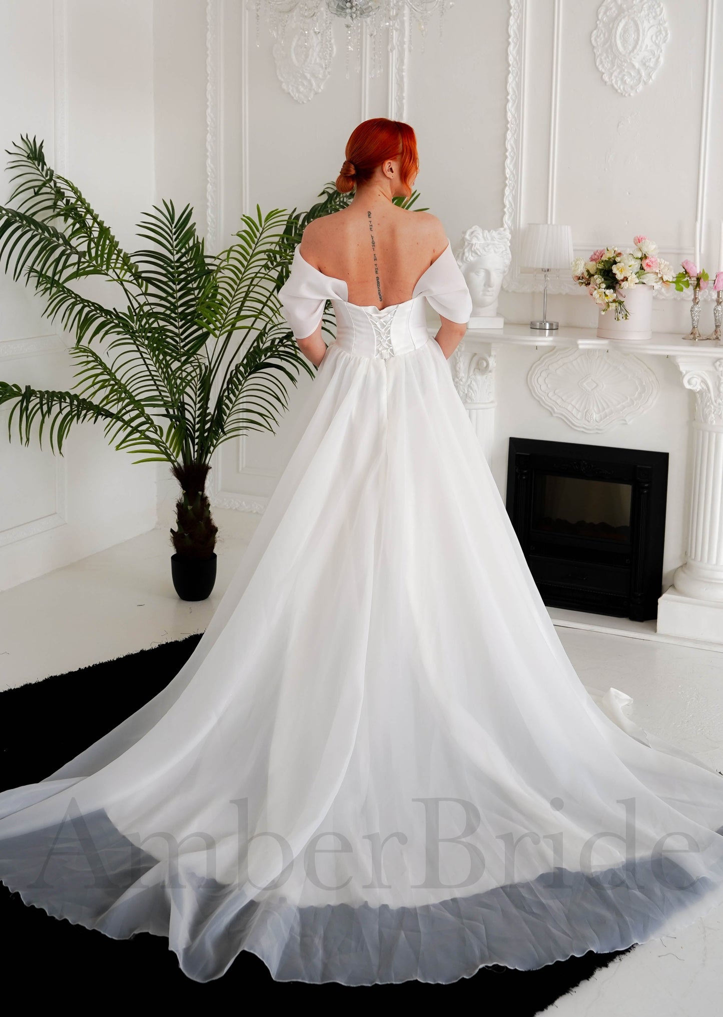 Classic A Line Organza Wedding Dress with Off Shoulder Design and Corset