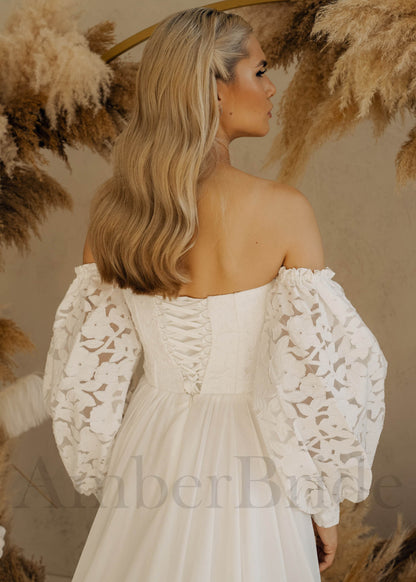 Rustic Chiffon Wedding Dress with Long Puffy Sleeves and Strapless Sweetheart Neck