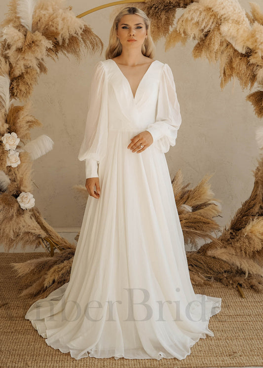 Classy A Line Wedding Dress with Deep V Neckline and Long Sleeves