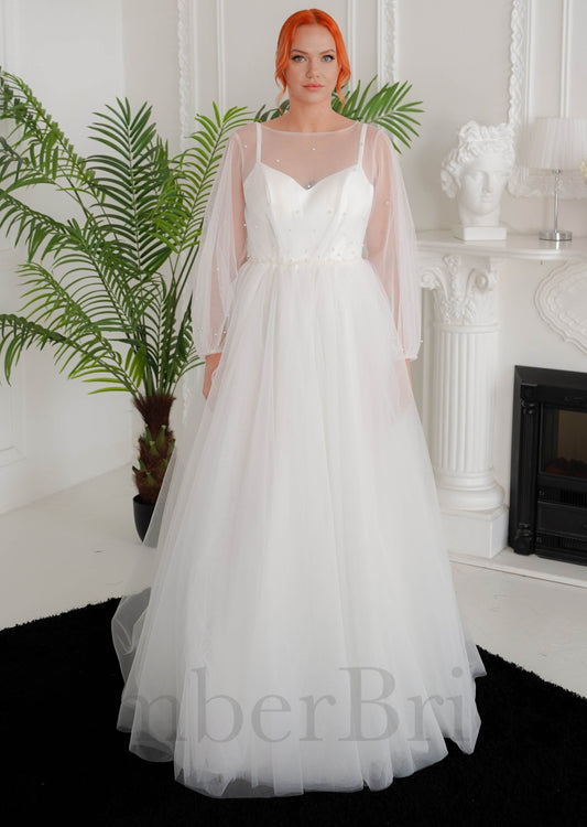 A-Line Tulle Wedding Dress with Long Puffy Sleeves and Spaghetti Straps