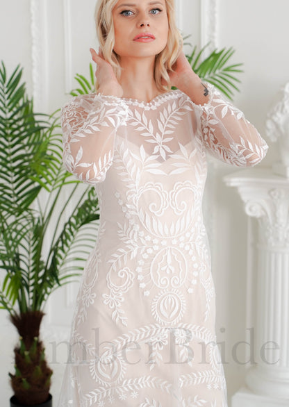 Boho Mermaid Long Sleeve Floral Wedding Dress with Open Back