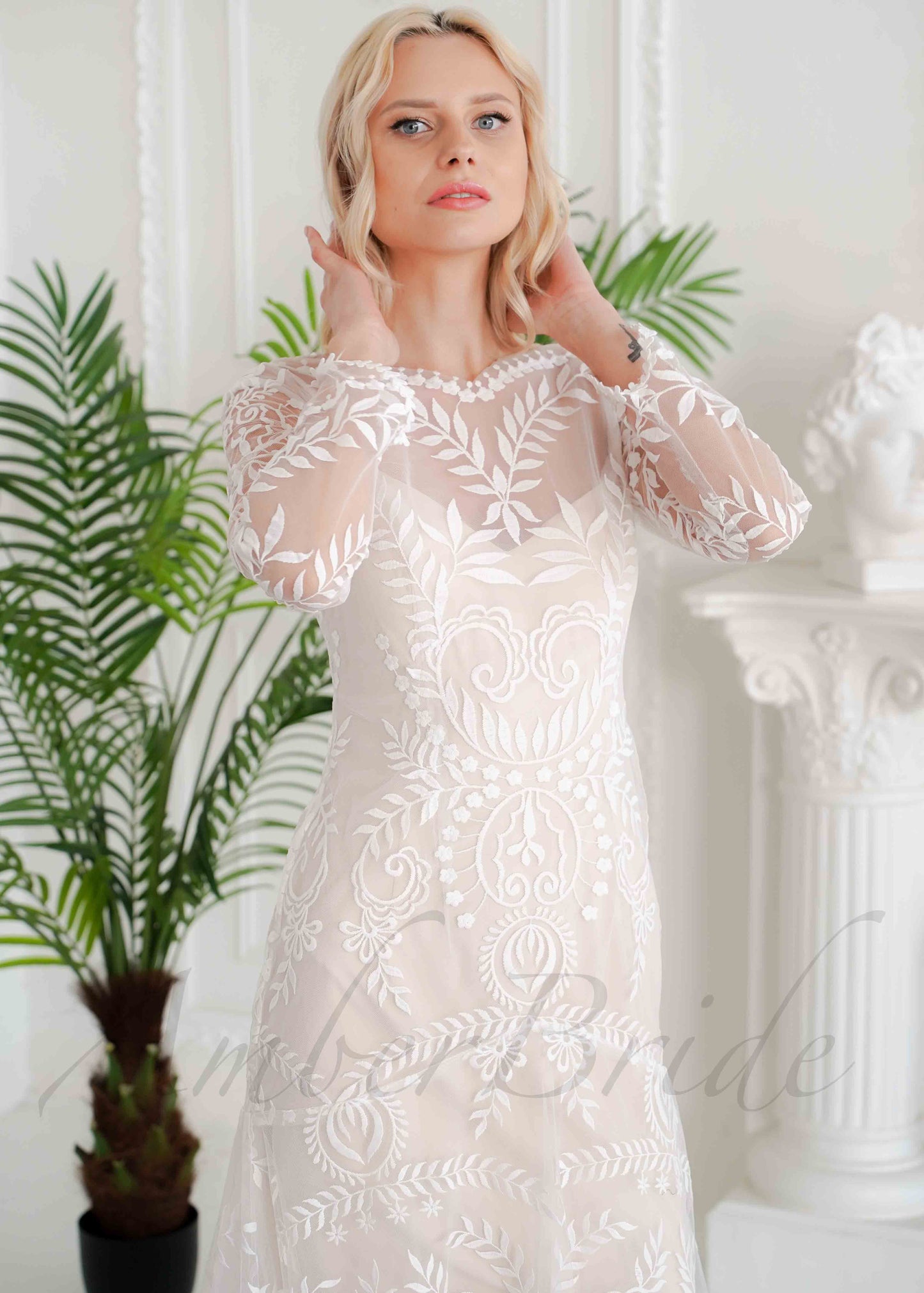 Boho Mermaid Lace Wedding Dress with Long Sheer Sleeve and Open Back