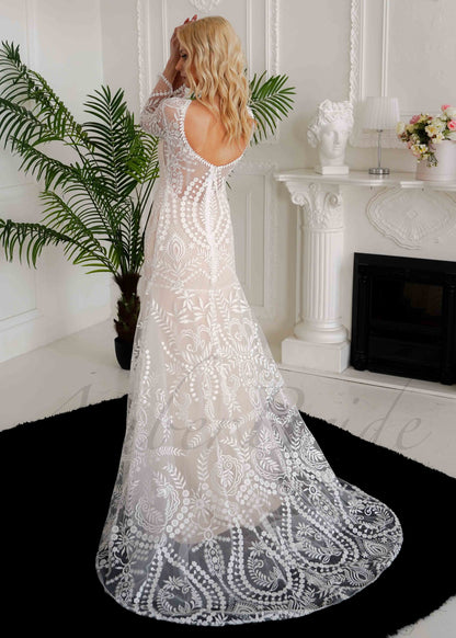 Boho Mermaid Lace Wedding Dress with Long Sheer Sleeve and Open Back