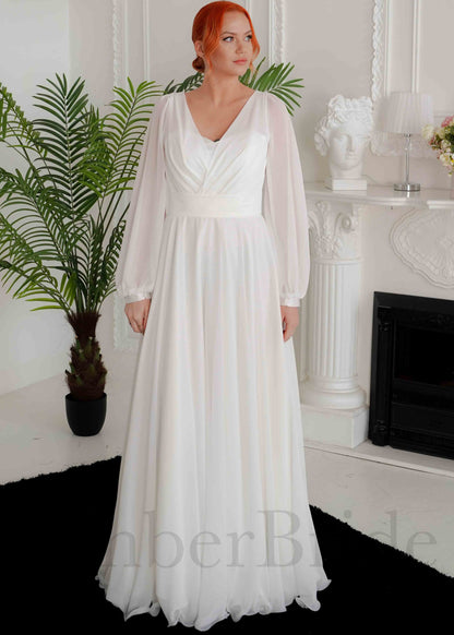 Elegant A Line Chiffon Wedding Dress with Bishop Sleeves and Buttons Back