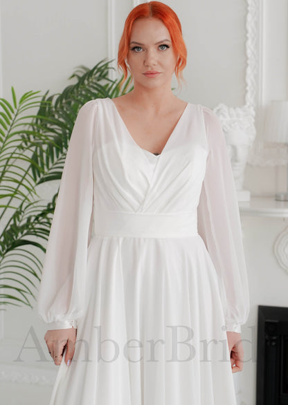 Elegant A Line Chiffon Wedding Dress with Bishop Sleeves and Buttons Back