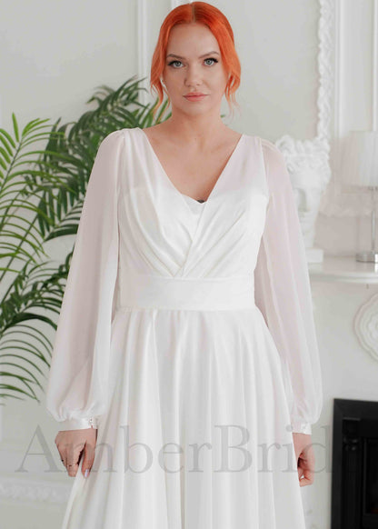 Elegant A Line Chiffon Wedding Dress with Bishop Sleeves and Buttons Back