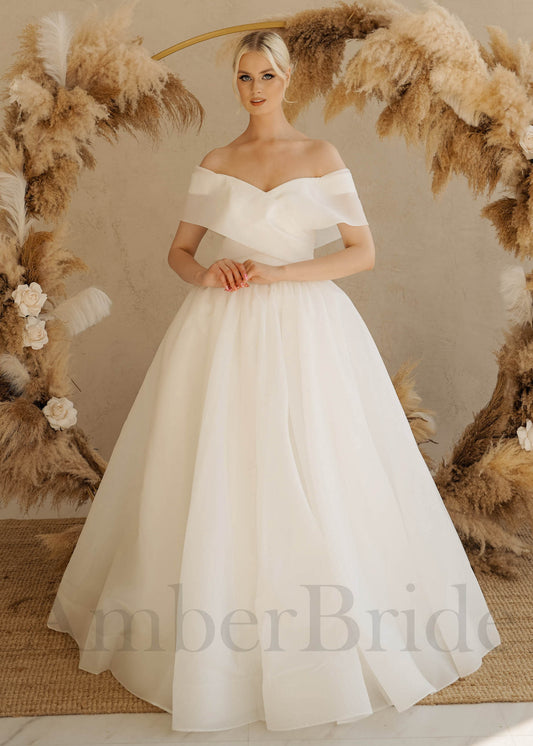 STOCK SELL-OUT: Simple A Line Off The Shoulder Organza Wedding Dress with Corset