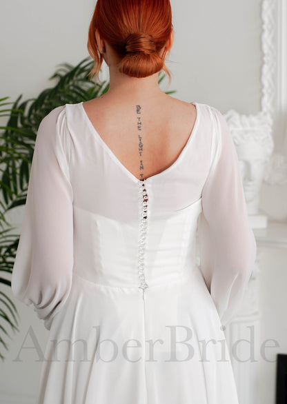 Elegant A Line Chiffon Wedding Dress with Bishop Sleeves and Buttons Back