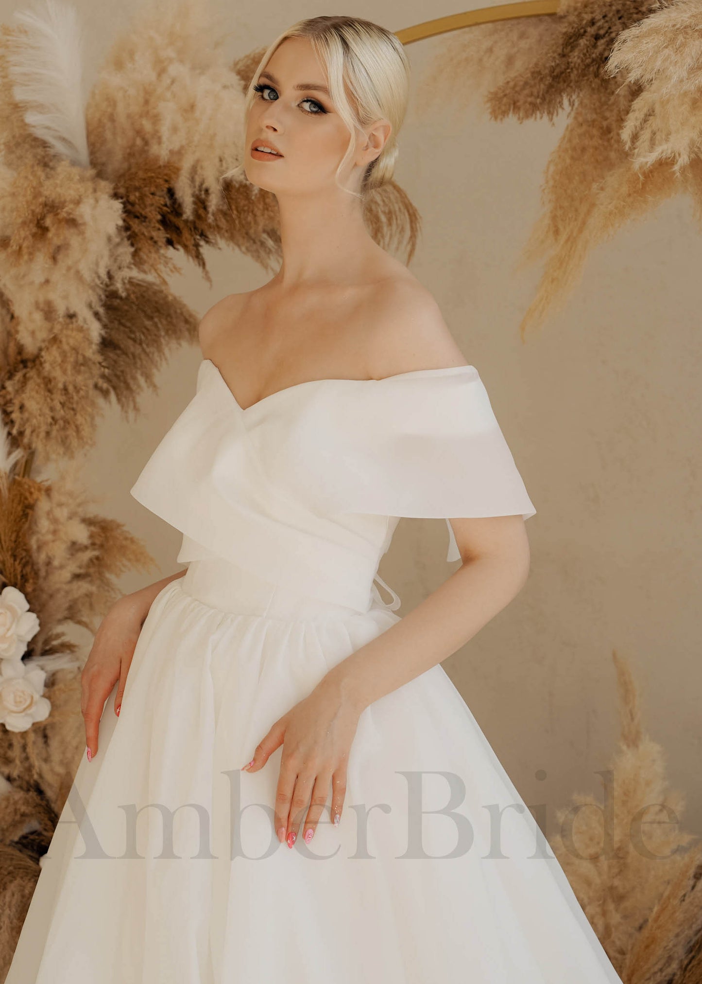 Simple Ball Gown Organza Wedding Dress with Off Shoulder Design