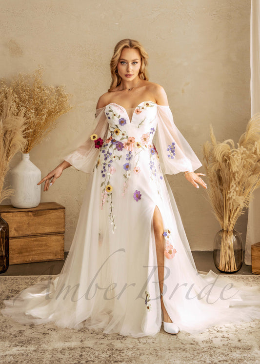 STOCK SELL-OUT: Colorful Floral Wedding Dress with Off Shoulder Sweetheart Neckline