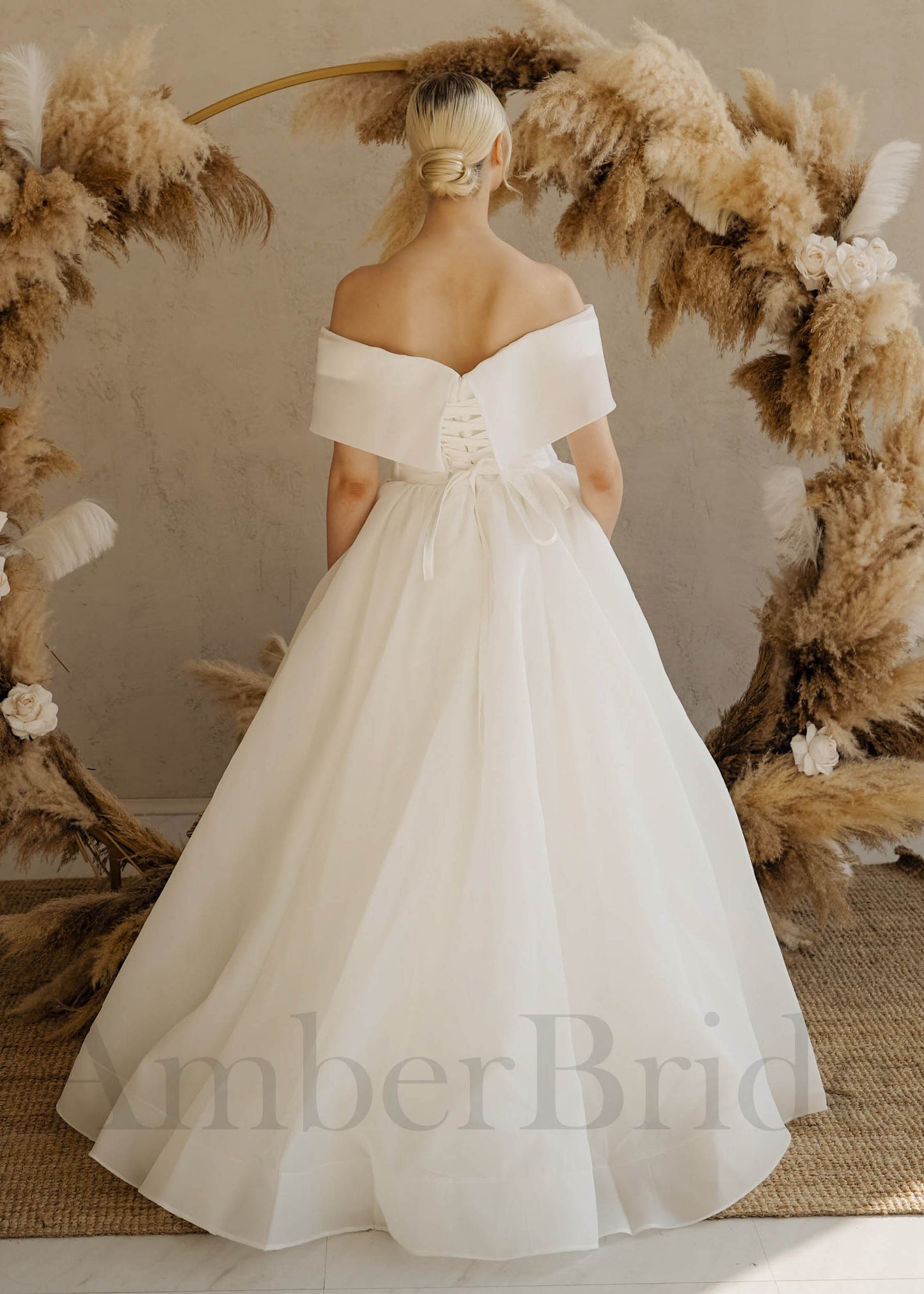 Simple Ball Gown Organza Wedding Dress with Off Shoulder Design