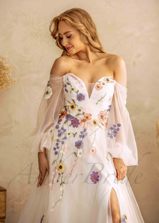 Colorful Floral Wedding Dress with Off Shoulder Sweetheart Neckline