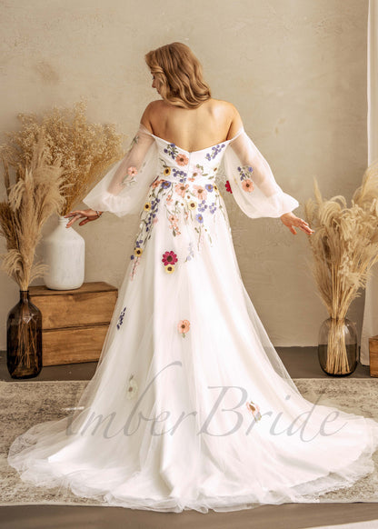 Colorful Floral Wedding Dress with Off Shoulder Sweetheart Neckline