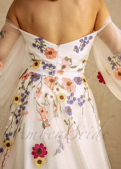 Colorful Floral Wedding Dress with Off Shoulder Sweetheart Neckline