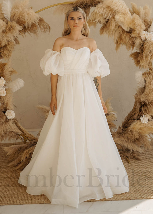 Simple A Line Organza Wedding Dress with Detachable Puff Sleeves