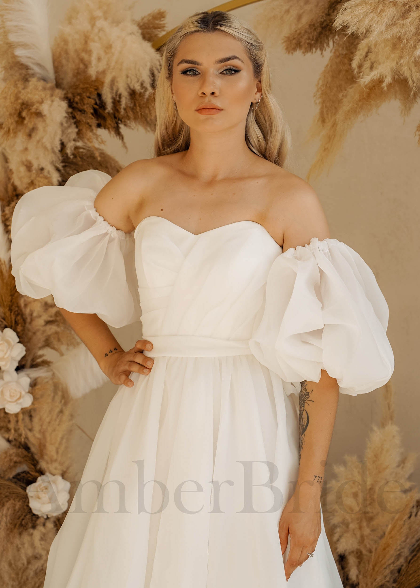 Simple A-Line Organza Wedding Dress with Puff Sleeves | AmberBride Simple A-Line Organza Wedding Dress with Puff Sleeves | AmberBride