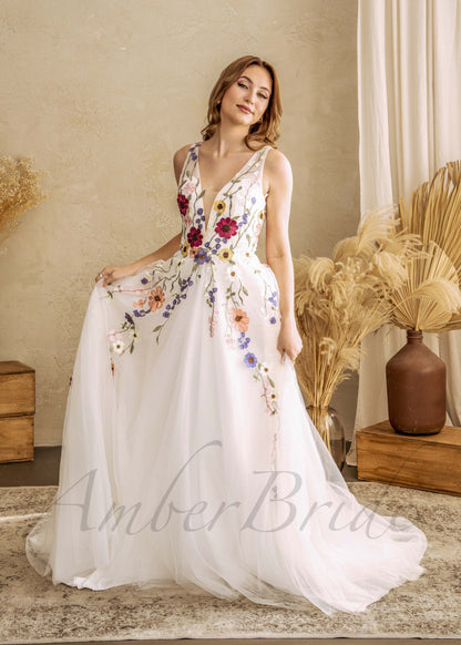 Romantic A Line Wedding Dress with Colorful Flowers and Open Back