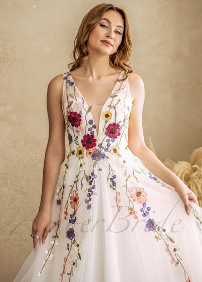 Romantic A Line Wedding Dress with Colorful Flowers and Open Back