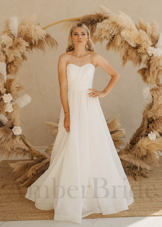 Simple A Line Organza Wedding Dress with Detachable Puff Sleeves