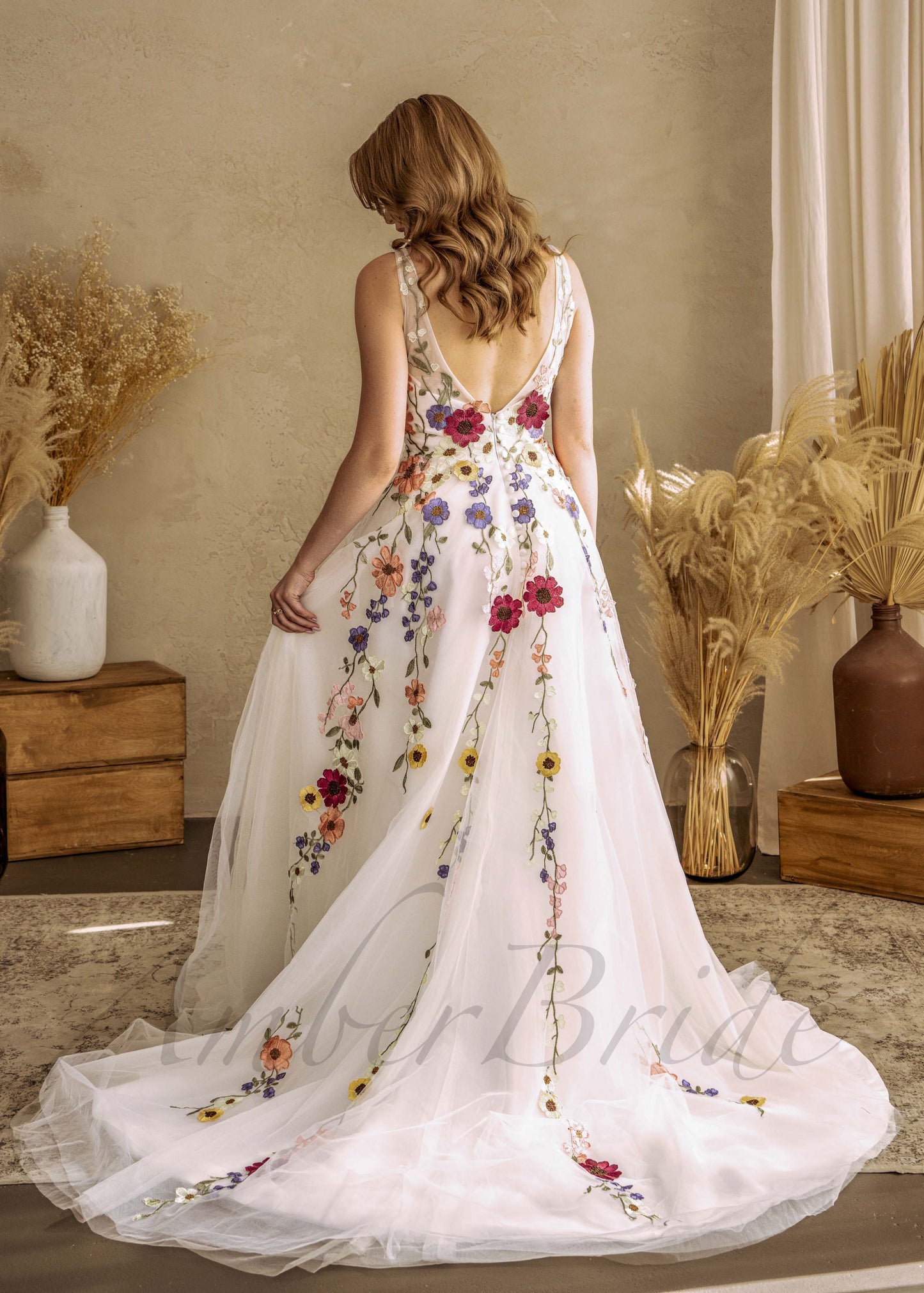 Romantic A Line Wedding Dress with Colorful Flowers and Open Back