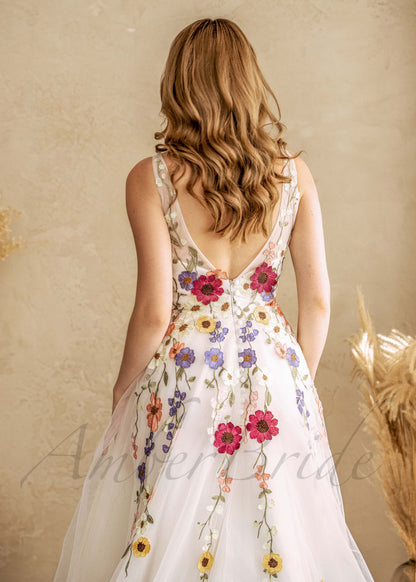 Romantic A Line Wedding Dress with Colorful Flowers and Open Back