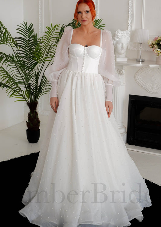 STOCK SELL-OUT: Romantic A Line Organza Wedding Dress with Pearled Design