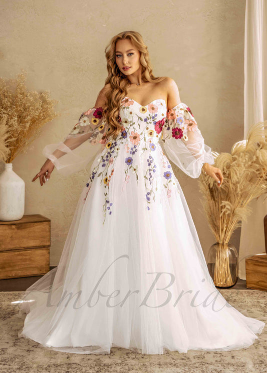 Romantic Colorful Wedding Dress with Detachable Puffy Sleeve