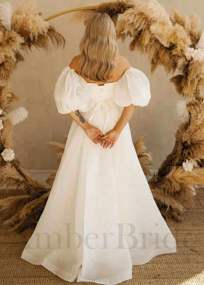 Simple A Line Organza Wedding Dress with Detachable Puff Sleeves