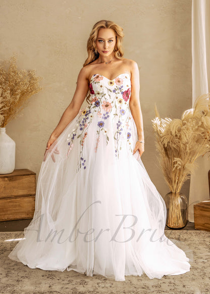 STOCK SELL-OUT: Romantic Colorful Wedding Dress with Detachable Puffy Sleeve