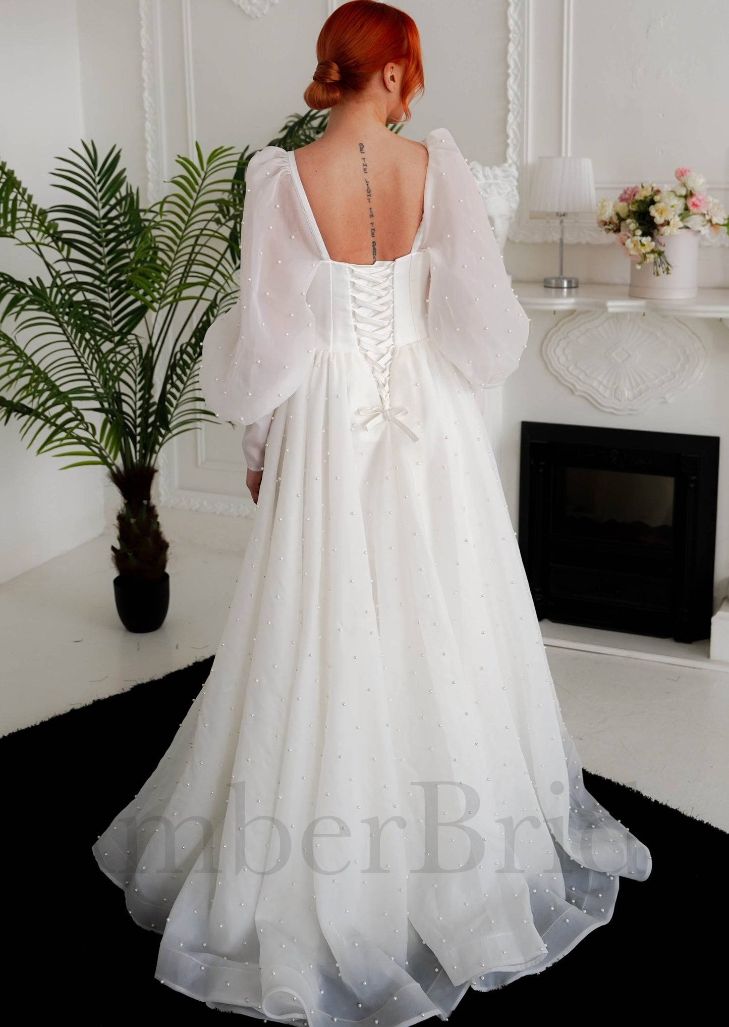 Romantic A Line Organza Wedding Dress with Bishop Sleeves and Pearled Design