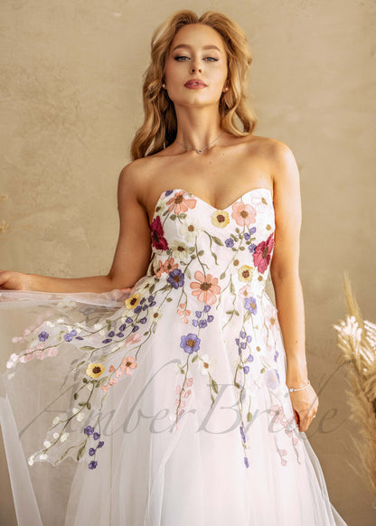 STOCK SELL-OUT: Romantic Colorful Wedding Dress with Detachable Puffy Sleeve