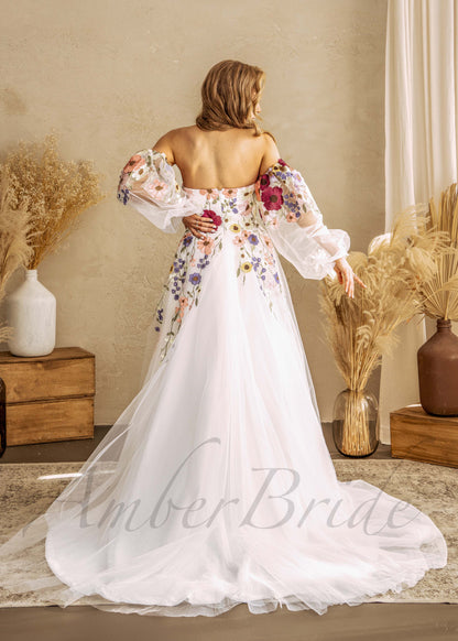 STOCK SELL-OUT: Romantic Colorful Wedding Dress with Detachable Puffy Sleeve