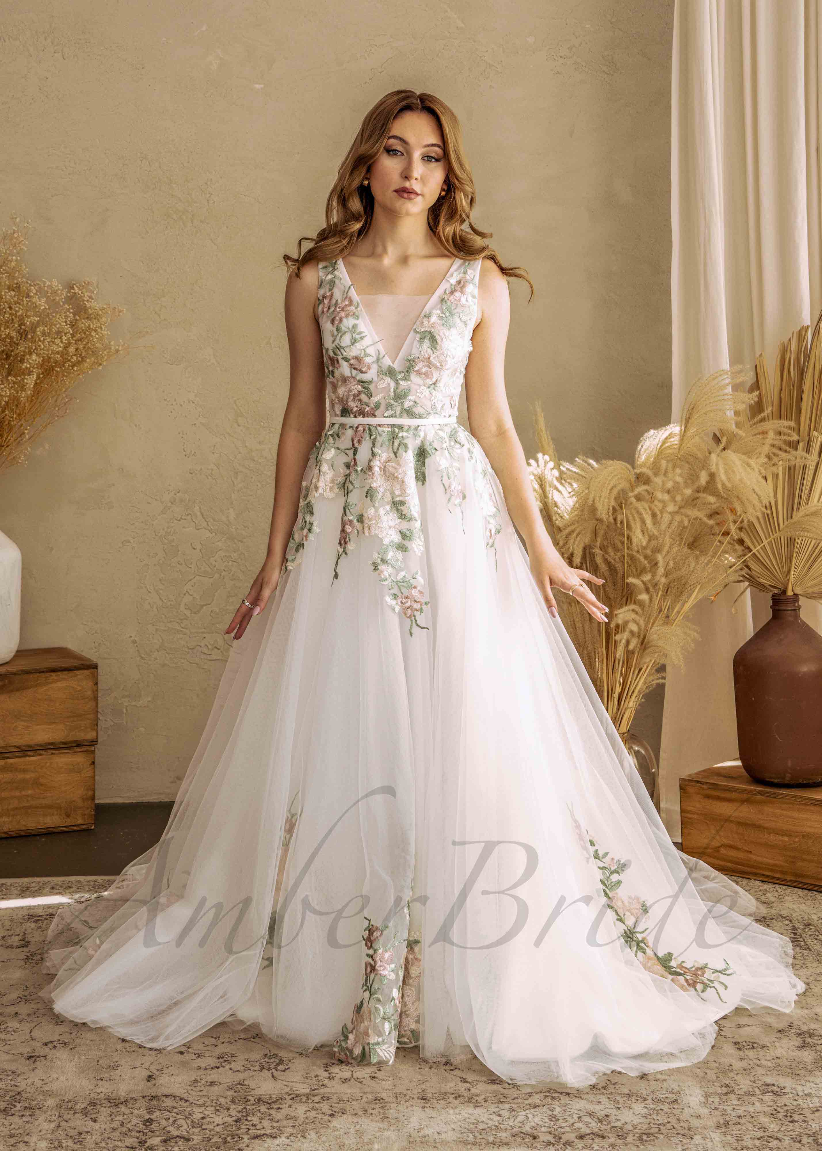 Colorful A Line Wedding Dress with Flowers and V Neckline