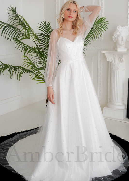 Simple A Line Satin Wedding Dress with Long Sheer Sleeves and Pearl Design