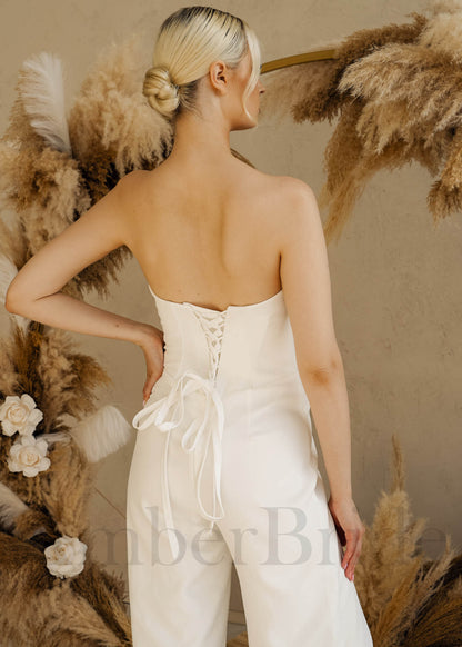 Simple Satin Bridal Jumpsuit with Strapless Deep-V Neck and Corset