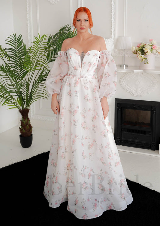 A-Line Organza Wedding Dress with Floral Paintings and Long Sleeves