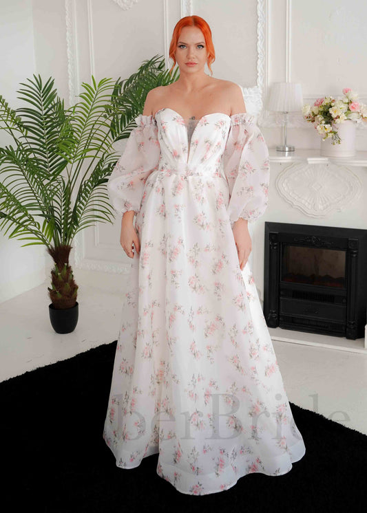 A-Line Organza Wedding Dress with Floral Paintings and Long Sleeves