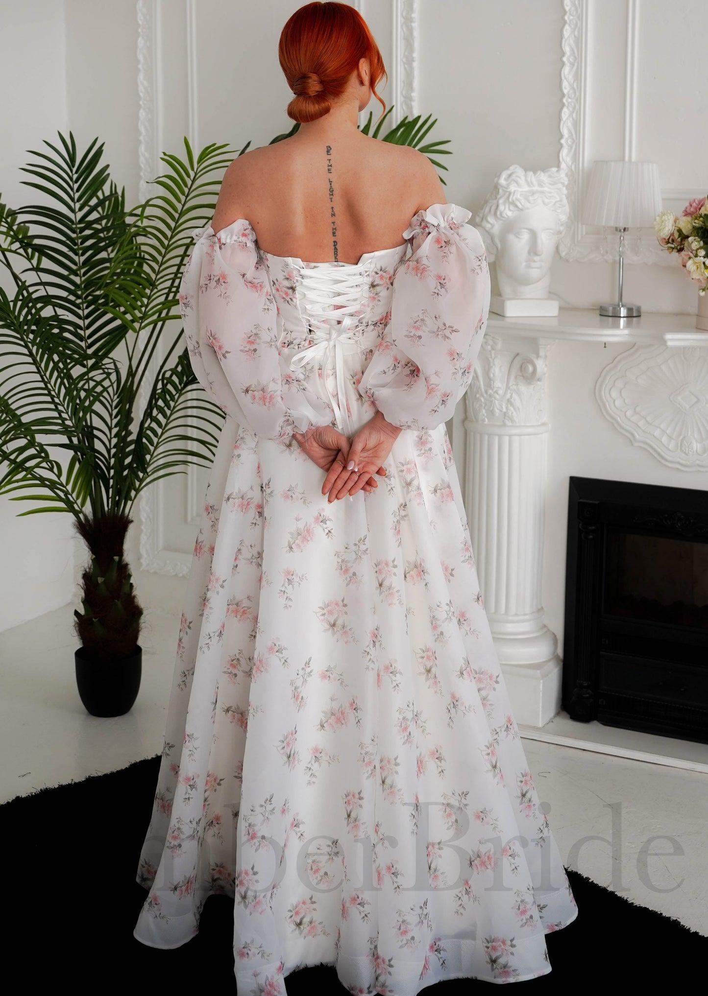 A-Line Organza Wedding Dress with Floral Paintings and Long Sleeves